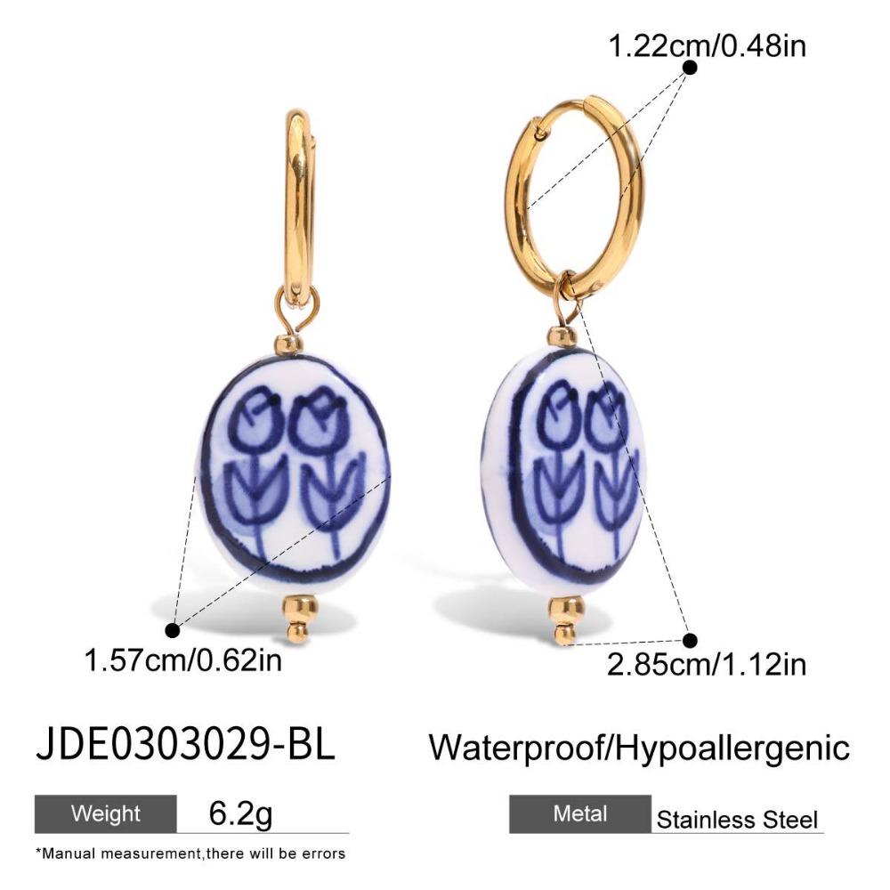 Stainless Steel Blue and White Porcelain Earrings Chinese Style Gold Hoop Earrings  Lady