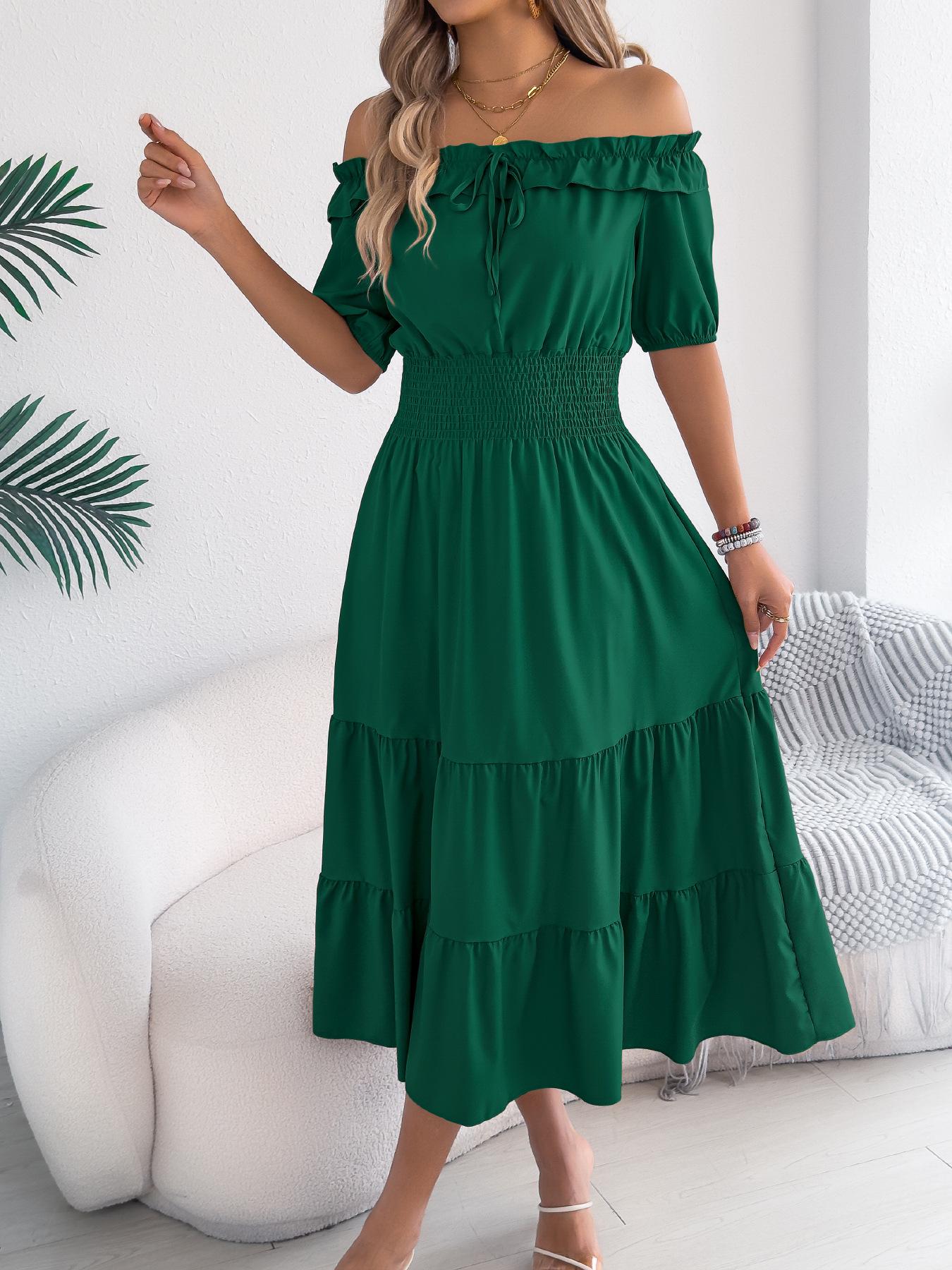 

women s Off Shoulder Ruffle Short Sleeve Smocked High Waist Tiered Maxi Dress Solid Color A Line Dress S зелёный