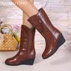 Leather Women Wedges Mid Calf Shoes Designer Retro Zippers Mid Heels Shoes New Brand 2025 Trend Winter Classic Goth Botas Mujer