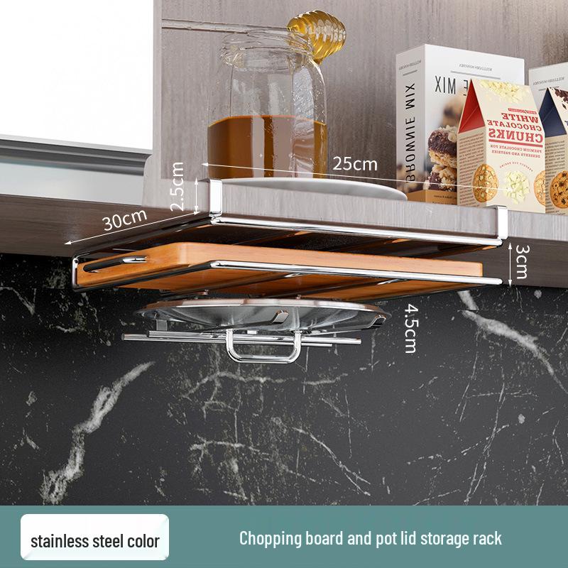 Multifunctional Under-Cabinet Storage Rack with Hooks for Pot Lids and Cutting Boards