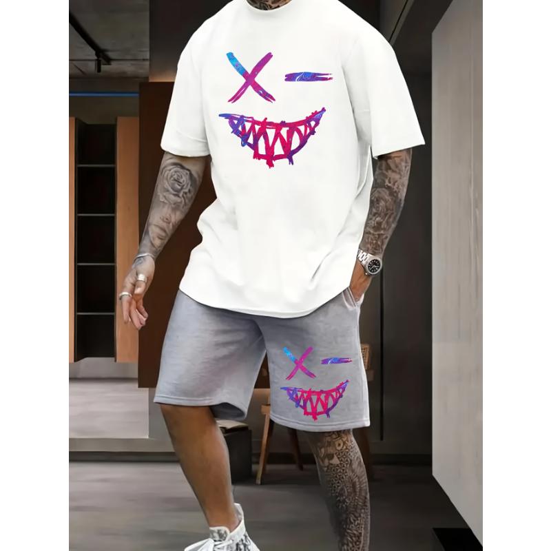 Pánské 2dílné tričko s 3D kresleným potiskem králíka, kraťasy, letní ležérní každodenní top s krátkým rukávem, venkovní sportovní kraťasy