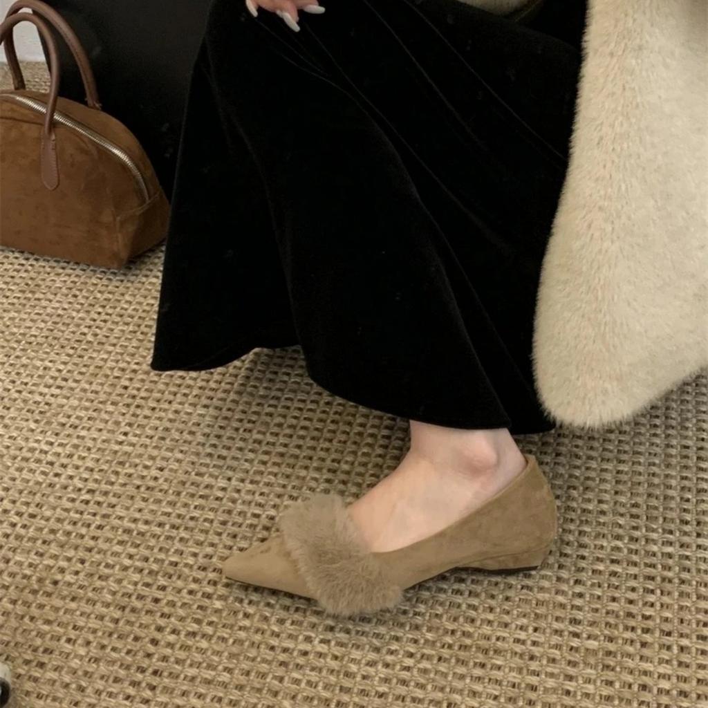 French temperament fluffy pointed head shallow mouth fluffy shoes women's autumn and winter gentle tie skirt beautiful one-pedal single shoes