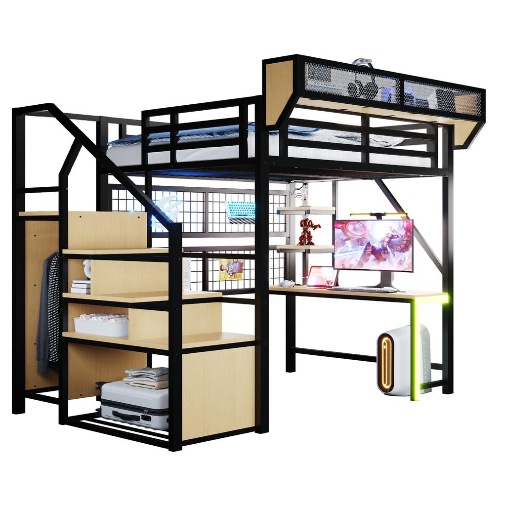 Metall-Hochbett 140 × 200 cm, Mit Schreibtisch, Regal und Netz, Komplett mit Sicherheitsleiter, LED-Beleuchtung und Steckdose, Erhöhte Bettreling, Schwarz