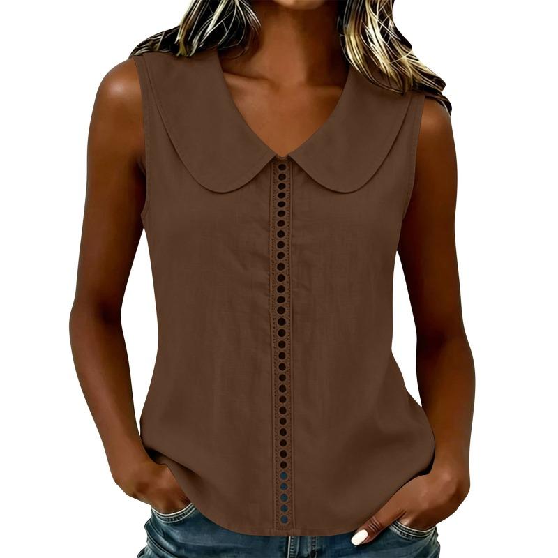 Women's Peter Pan Collar Sleeveless Blouse Eyelet Detail Casual Tank Top
