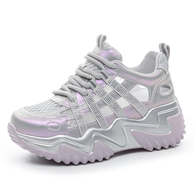 Thick-soled hollow dad shoes New breathable rhinestone mesh casual sports shoes in summer