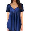 Women Multicolor V Neck Button Decor Short Sleeve Pleated Loose Tunic Blouse