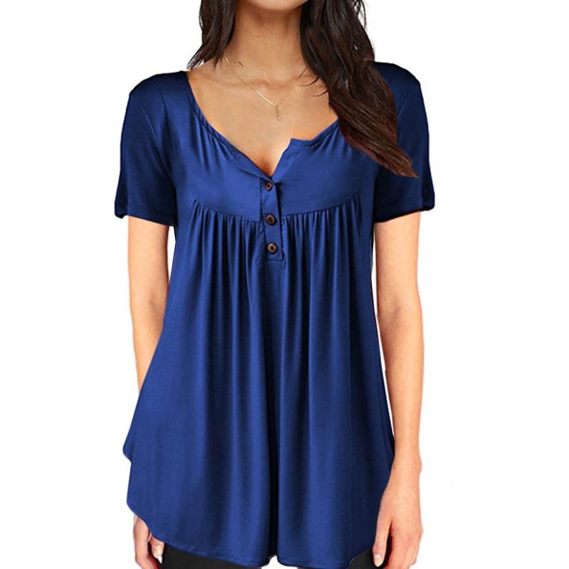 Women Multicolor V Neck Button Decor Short Sleeve Pleated Loose Tunic Blouse