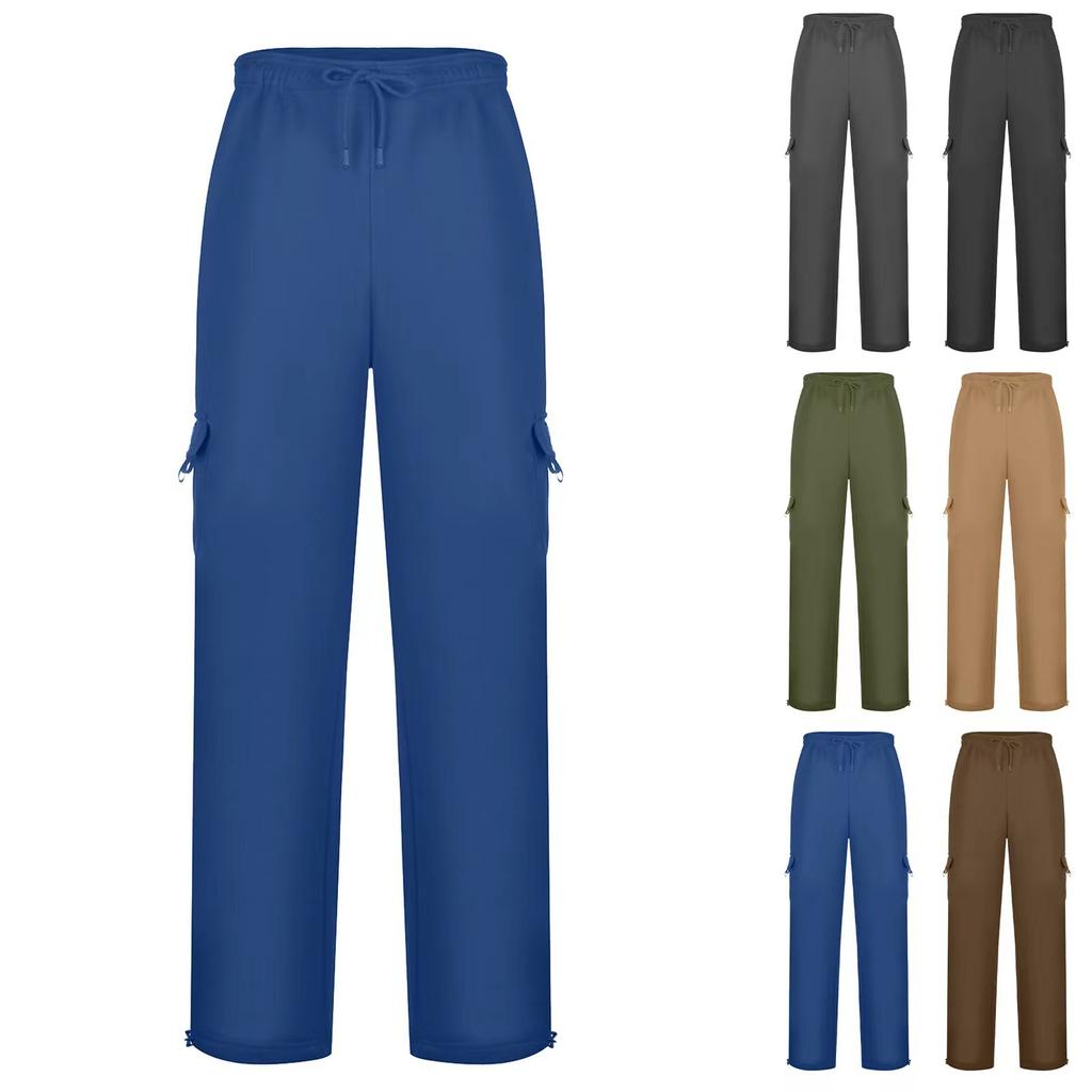 Autumn and Winter Padded Sports and Leisure Trousers Men's Drawstring Feet Multi-pocket Tie Rope Loose Work Trousers Man