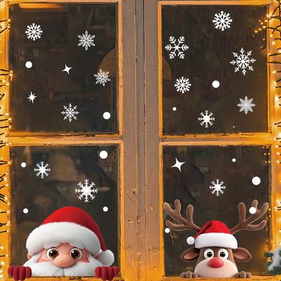 2 Feuilles Adhésifs de Noël Mignons pour Fenêtres - Père Noël, Rennes & Flocons de Neige Autocollants Statiques Amovibles, Décorations de Fêtes Réutilisables en PVC