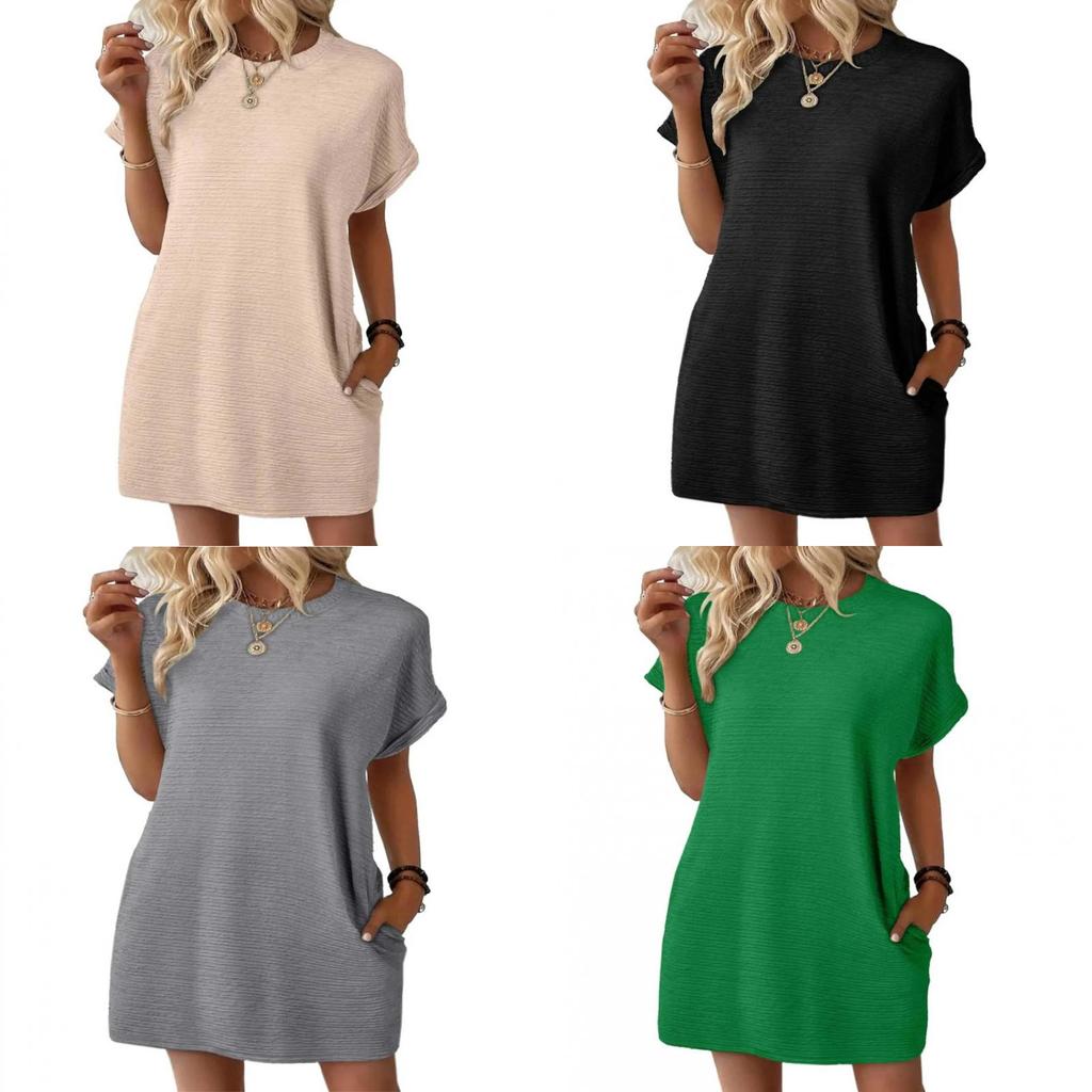 Europe Style Short Sleeve Dress With Pockets And Distressed Effect For Casual Summer Wear