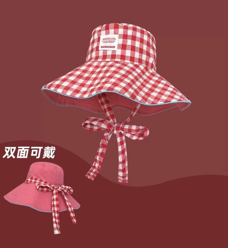 Sweet Plaid Strappy Bucket Hat Korean Version Ins Big Brim Sun Hat Children Fresh and Versatile Double-sided Can Be Worn