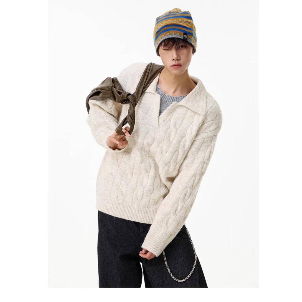 2025 Autumn/Winter Men's Retro Solid Knitwear: Two-Piece Lapel Top