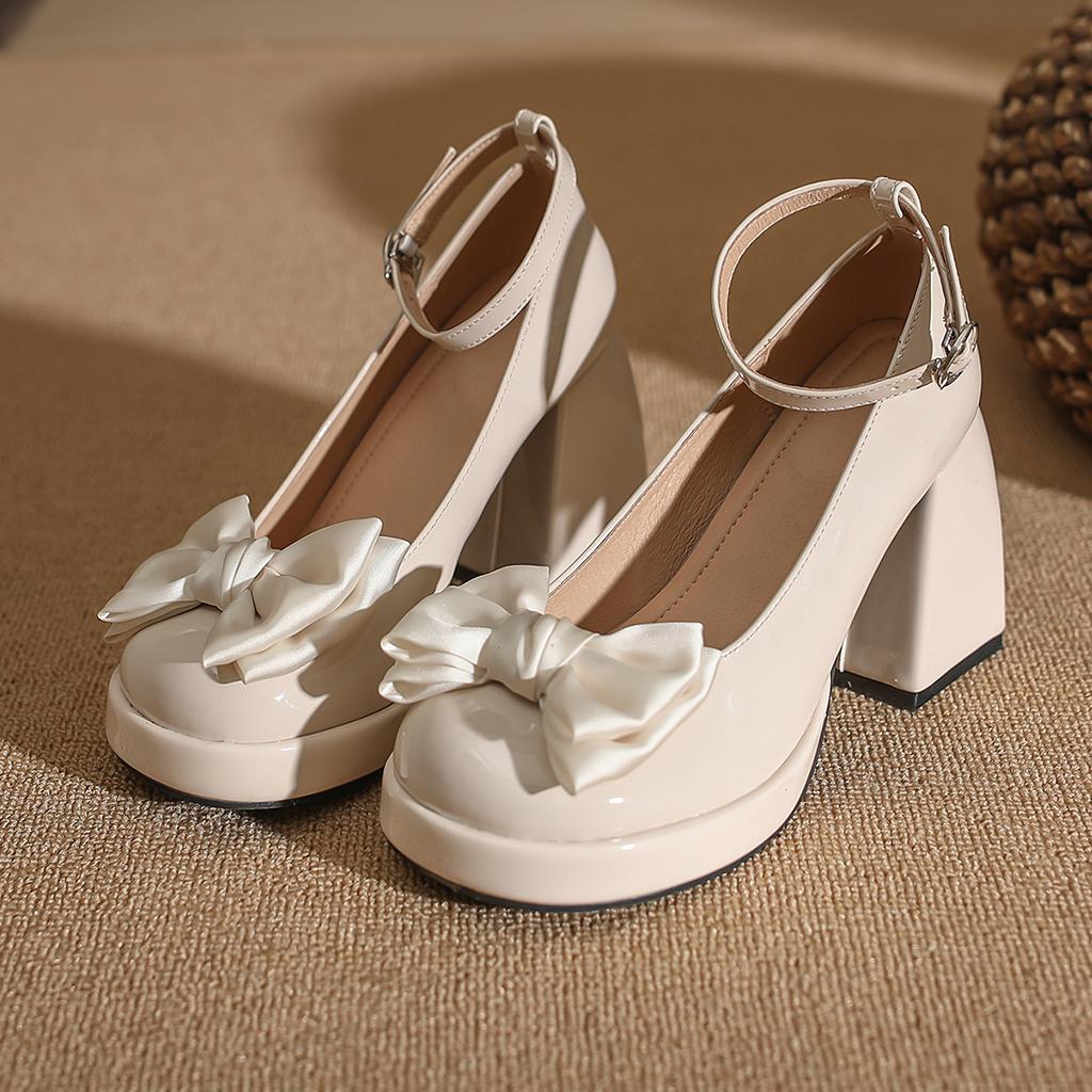 Bow Mary Jane Shoes Women's Round Head 2025 New Thick Heel Thick Sole Japanese Small One-word Buckle with High Heels