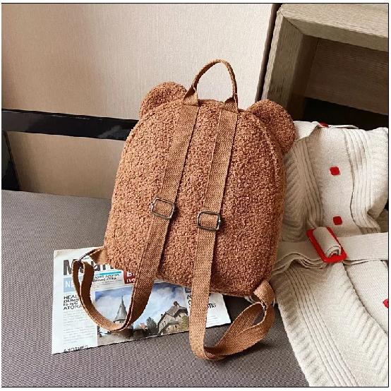 Cute Bear Ear Fleece Small Backpack Kids Girls Casual Warm Lambswool Daypack Bag Schoolbag Rucksack For Travel Shopping
