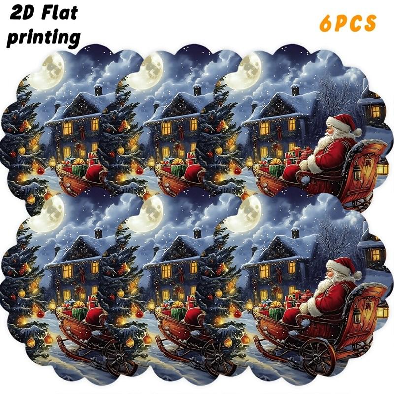 Linen Round Placemats, Santa Sleigh Winter Design, Washable Stain Resistant Easy Clean, Holiday Dinner Decor