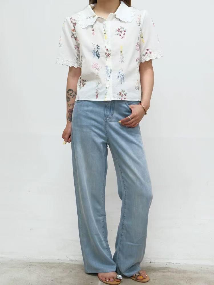 French Floral Embroidered Lace-Trim Lapel Short-Sleeve Loose Shirt for Women