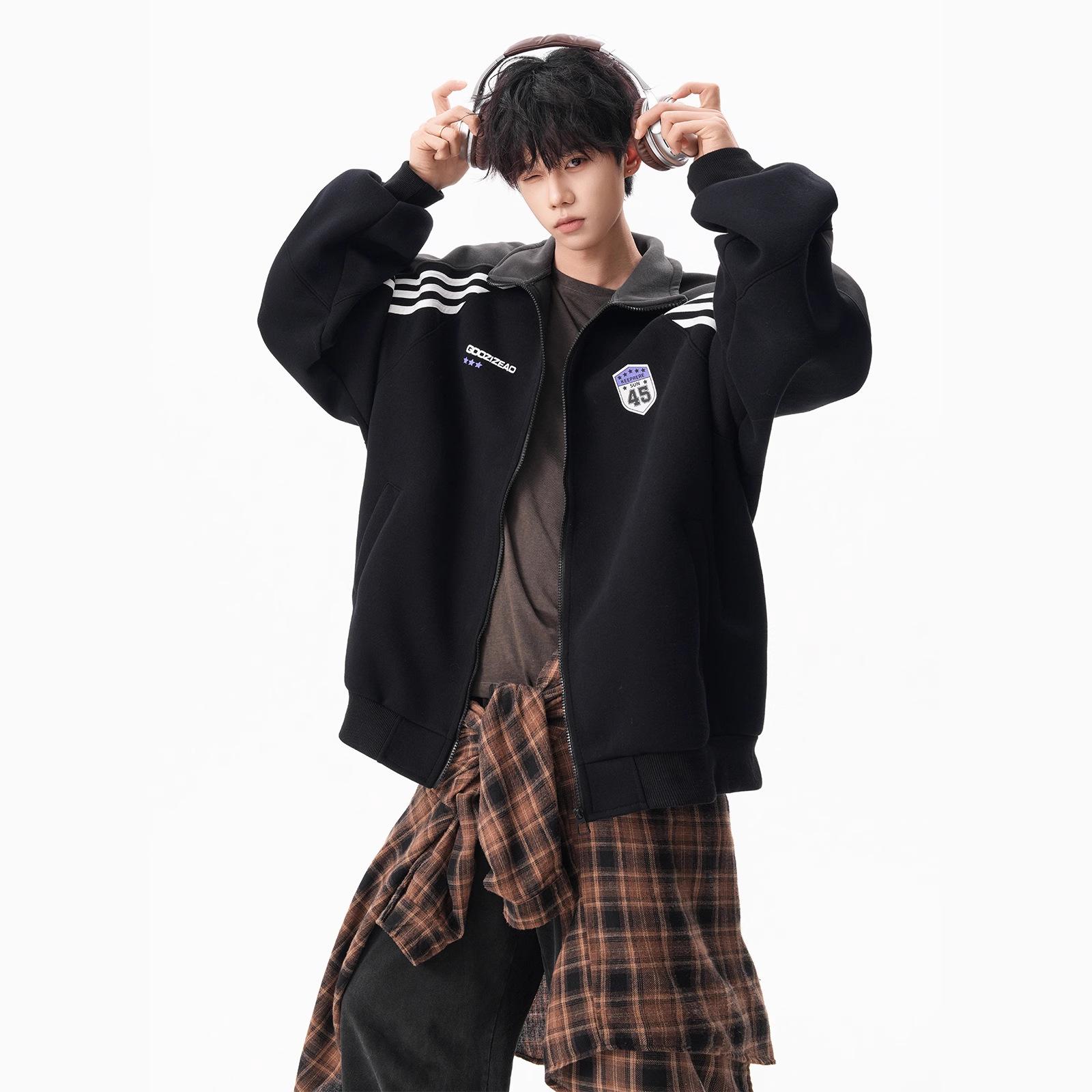 Retro American Striped Stand Collar Sport Hoodie: Casual Academy Style Loose Fit Cardigan Jacket M
