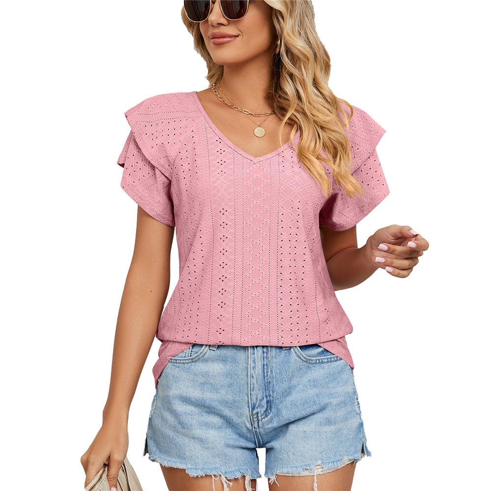 Womens Summer Eyelet Tops V Neck Double Ruffle Sleeve Casual Blouse Shirts Loose Fit Tops