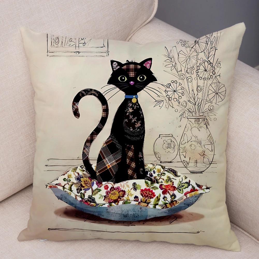 Double Print Cute Elegant Black Cat Cushion Cover Decor Cartoon Animal Pillow Case for Sofa Home Car Soft Plush Throw Pillowcase