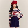 Big Girls' Early Autumn Striped Color Block Knit Sweater - Round Neck, Thin, Retro Korean Style Long Sleeve Top
