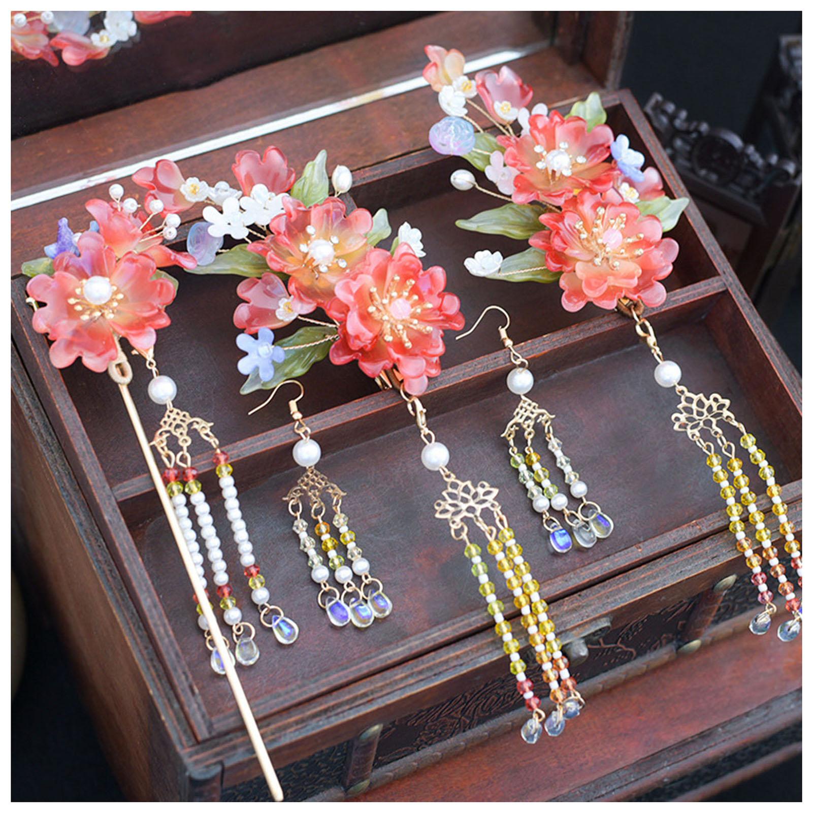 

Elegant Flower Hairpin Set Handmade Rose Tassel Hair Clip Exquisite Vintage Girls Hair Stick Metal Jewelry Hair Accessories красный