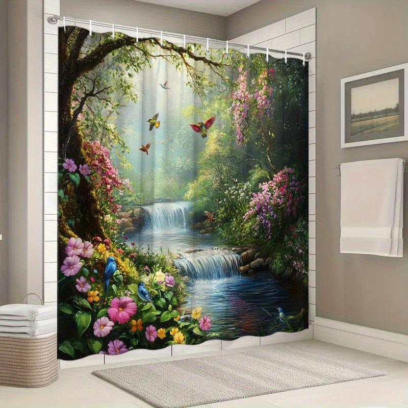 1pc Lush Forest Stream Shower Curtain - Waterfall, Birds & Flowers, 70.8x70.8", Polyester, 12 Hooks, Washable