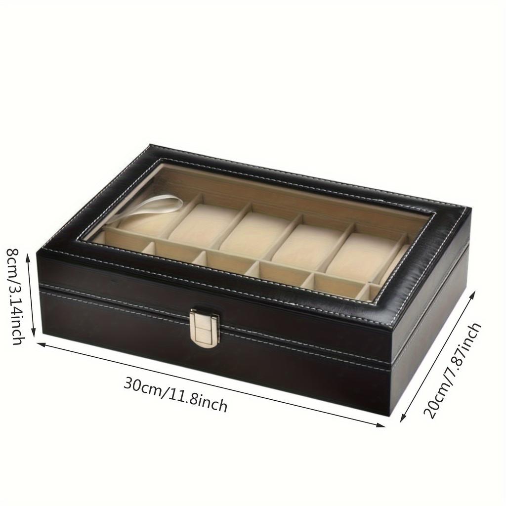 Luxury Black Faux Leather Watch Box with Glass Top, Velvet Lined, Lockable Flip Top, Rectangular Display Case for 12 Watches