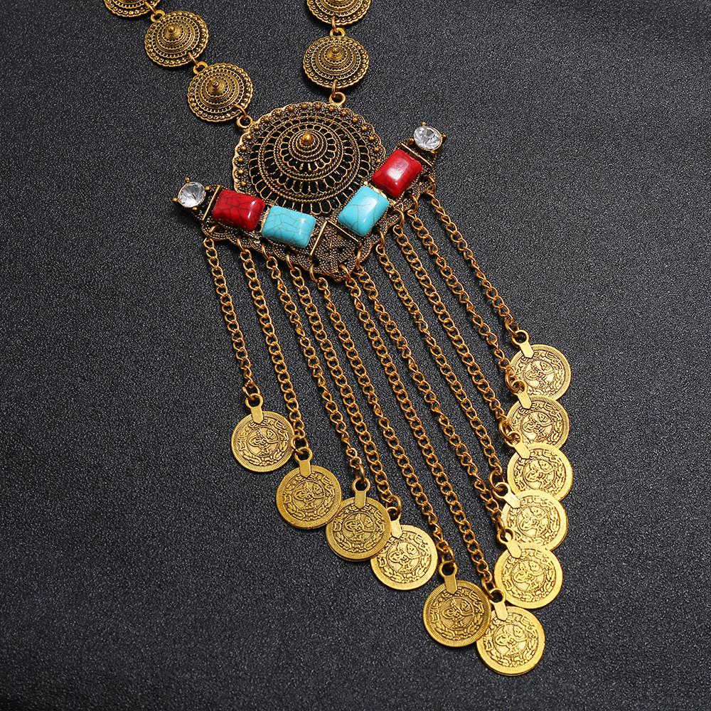 Multilayer Women Retro Coin Long Pendant Necklace With Alloy Chain Waterfall