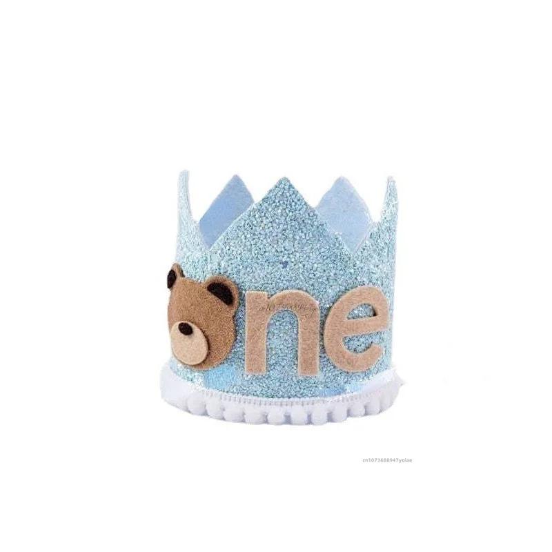 First Kids Birthday Party Glitter Brown Bear Hat ONE Burlap Lion Birthday Crown Baby Shower Photoprops Party Decorations