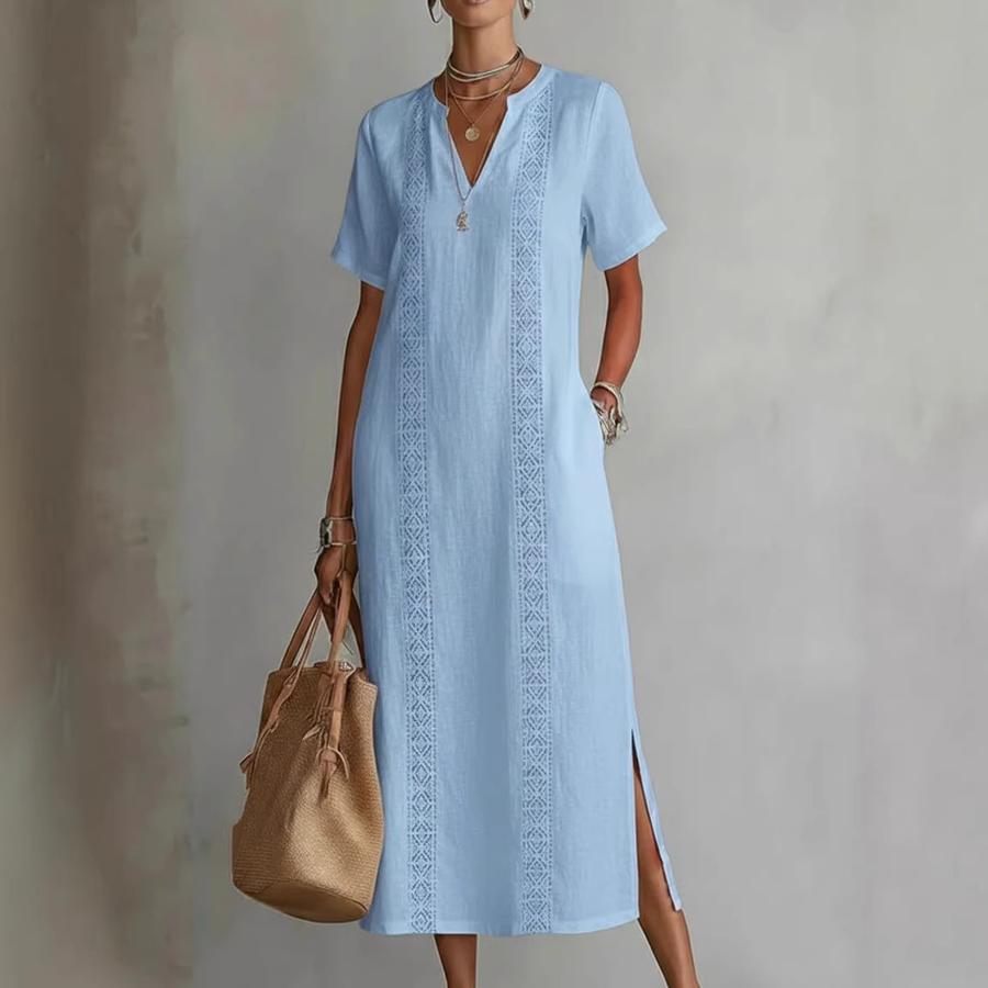 Vintage Comfortable Hollow Lace V-Neck Loose Cotton Linen Dress for Women