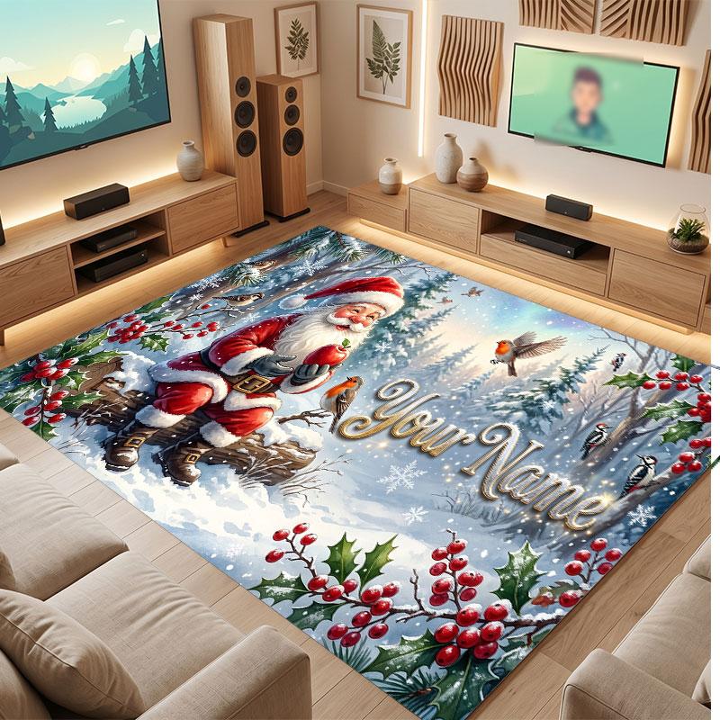 Christmas Winter Theme Crystal Velvet Floor Rug Personalized Custom Name Text Warm Carpet Home Decoration