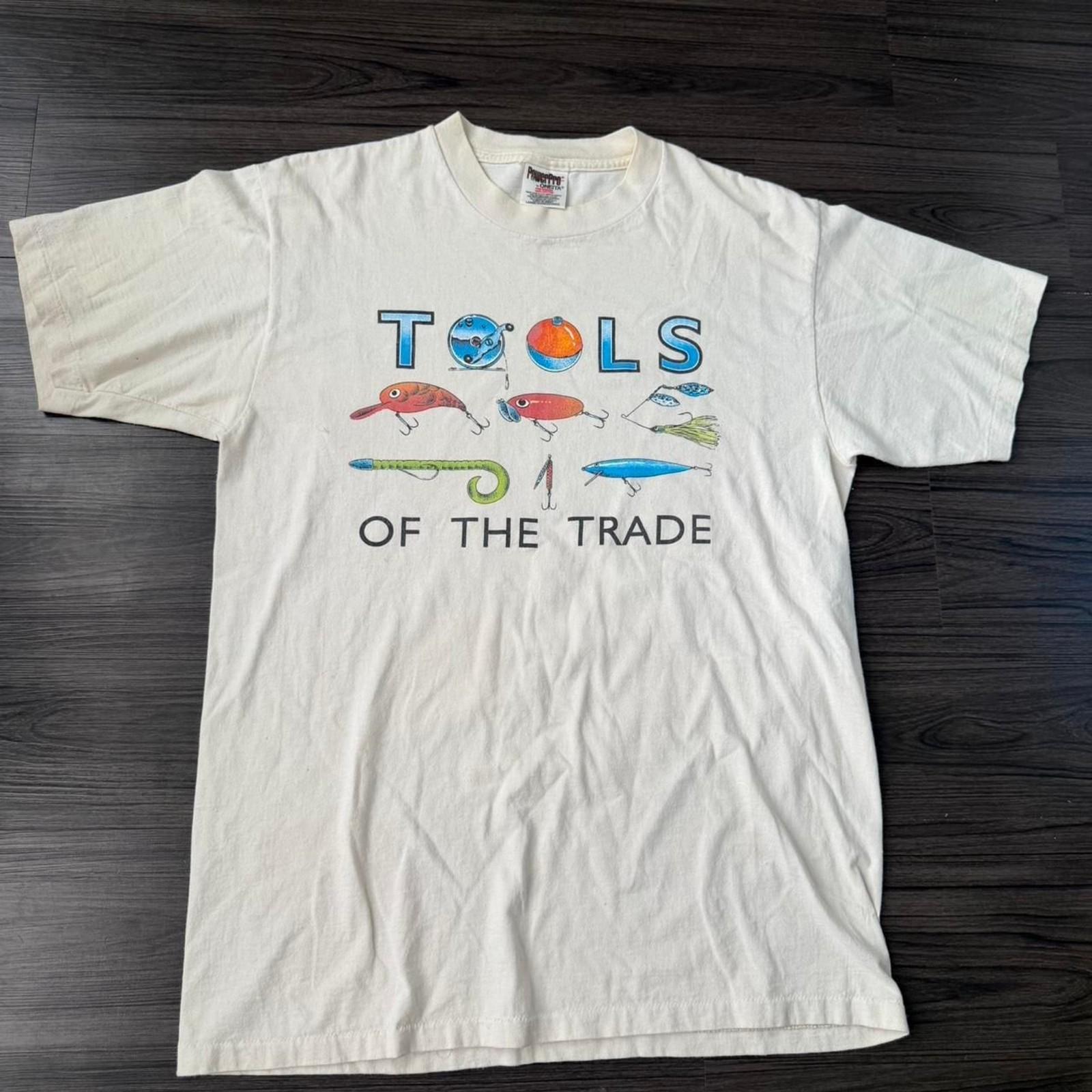 Vintage 90s Tools Of The Trade Fishing Lures Nature white cream Tee Size Large Unisex T-Shirt XXL