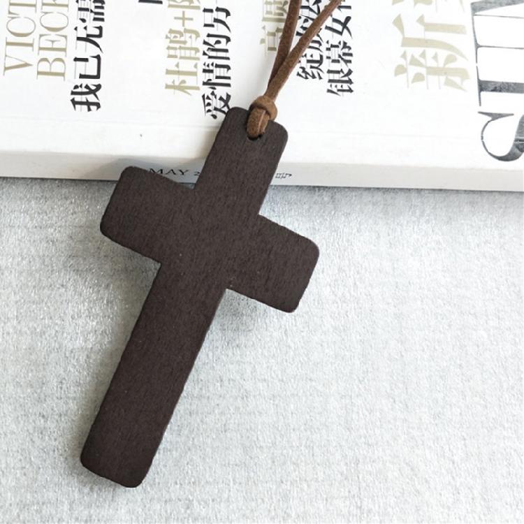 Vintage Wooden for Cross Pendant Brown/Black Rope Necklace Adjustable for Men Wo