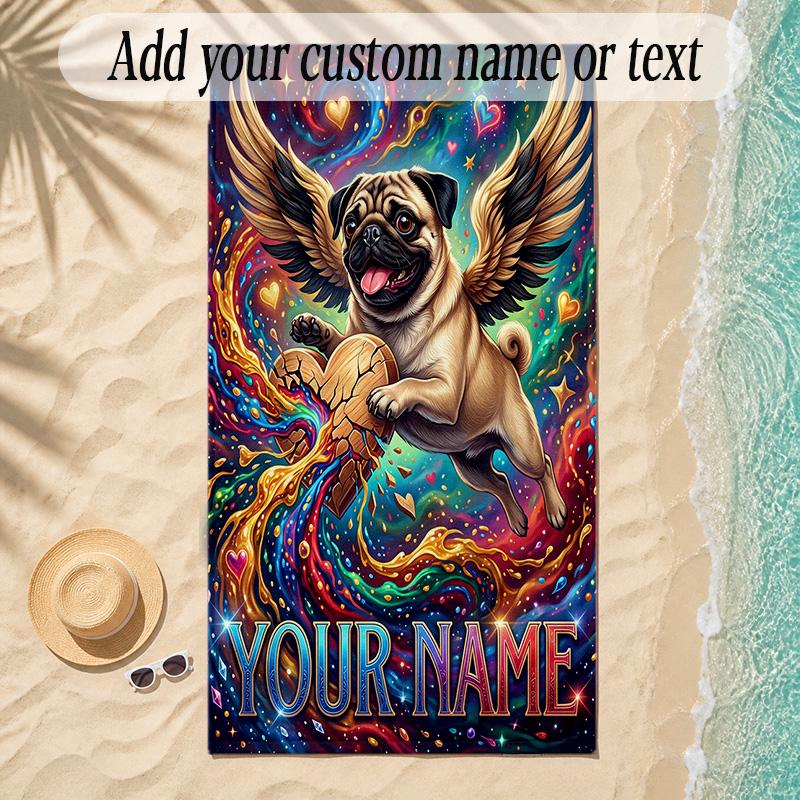 Pug Theme Soft Beach Towel Personalized Custom Name Text Towel Portable for Beach Pool Travel