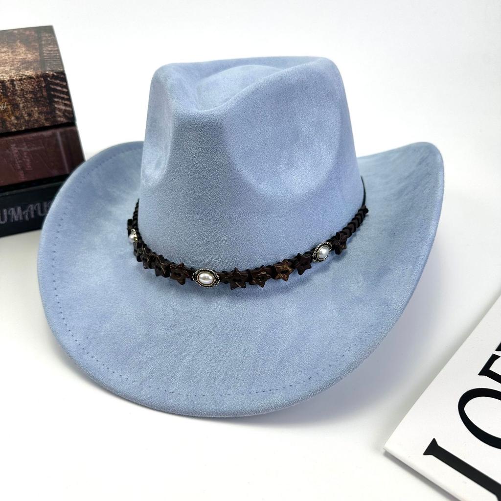 Western Cowboy Hat Women'S Wool British Suede Pearl Accessories Peach Heart Top Hat