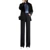 Spodnie damskie garniturowe w kolorze czarnym z wysokim stanem i szerokimi nogawkami na wiosnę i jesień 2023.