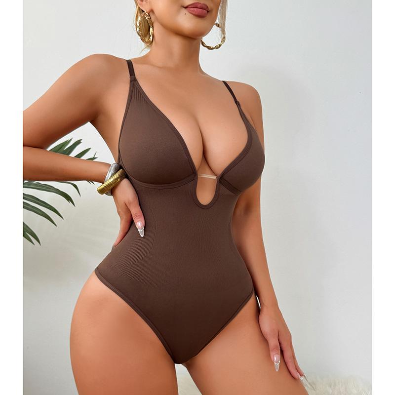Women Sexy Deep V Neck Waist Shaping Open Crotch Thong One Piece Bodysuit