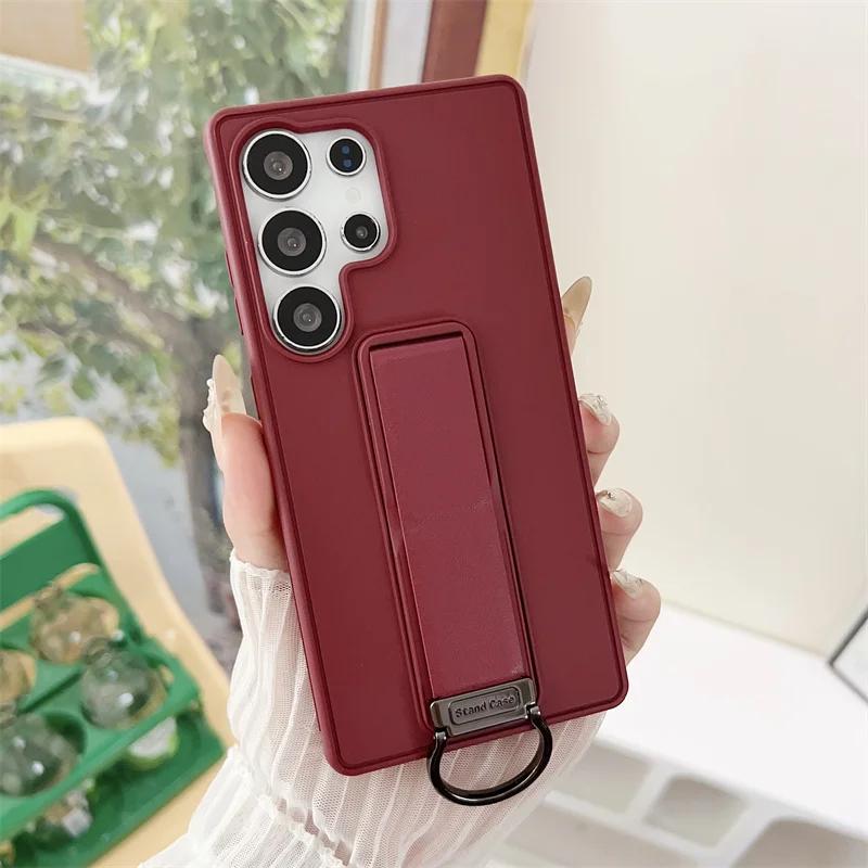 Leather Stand Holder Ring Wrist Strap Phone Case For Samsung Galaxy S26 Ultra S25 S24 S23 Plus Button All Inclusive Bracket Shockproof Protect Cover