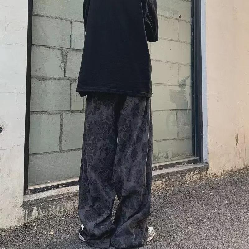 Men's Spring Retro Floral High-Waist Loose Straight Trousers - Trendy Slim Wide-Leg Pants