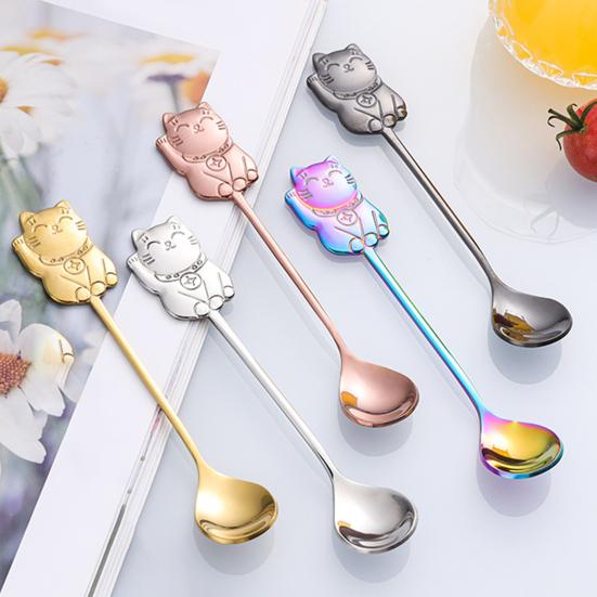 Cucchiaio da caffè per uso alimentare, in acciaio inox 304, con manico ergonomico, a forma di gatto fortunato, per feste