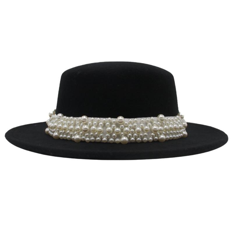 French Retro Woolen Top Hat Women'S Flat Top Pearl Felt Hat Wide Brim Sunshade Sunscreen Hat