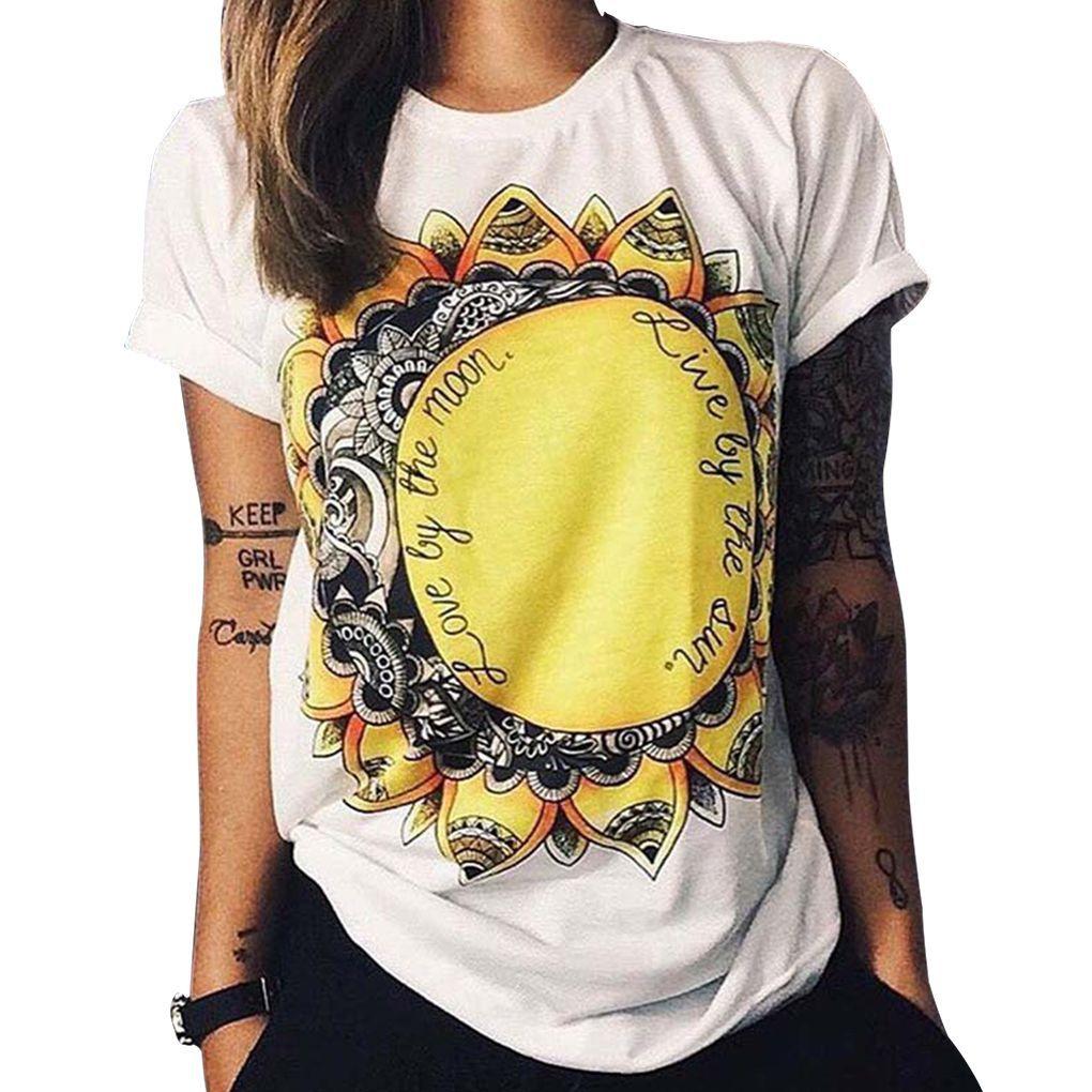 Damen Eule Buchstaben Grafik Bedrucktes Rundhals Kurzarmshirt