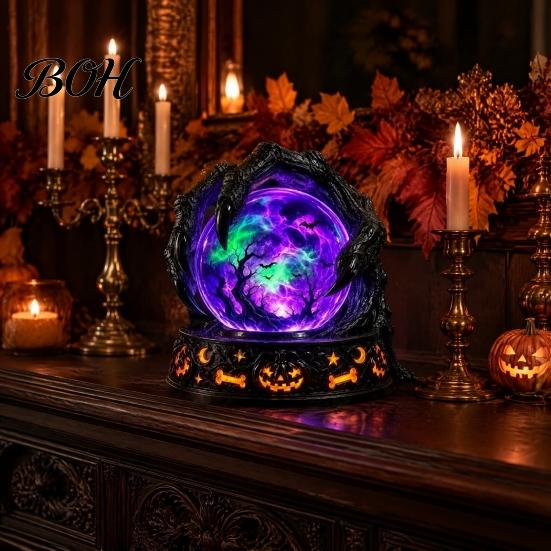 Samlarobjekt i vintagestil med LED-ljus, Halloween-dekor i falsk kristallkula, Hartsfigur av häxa/skelett/katt/spöke med läskig hemdekor