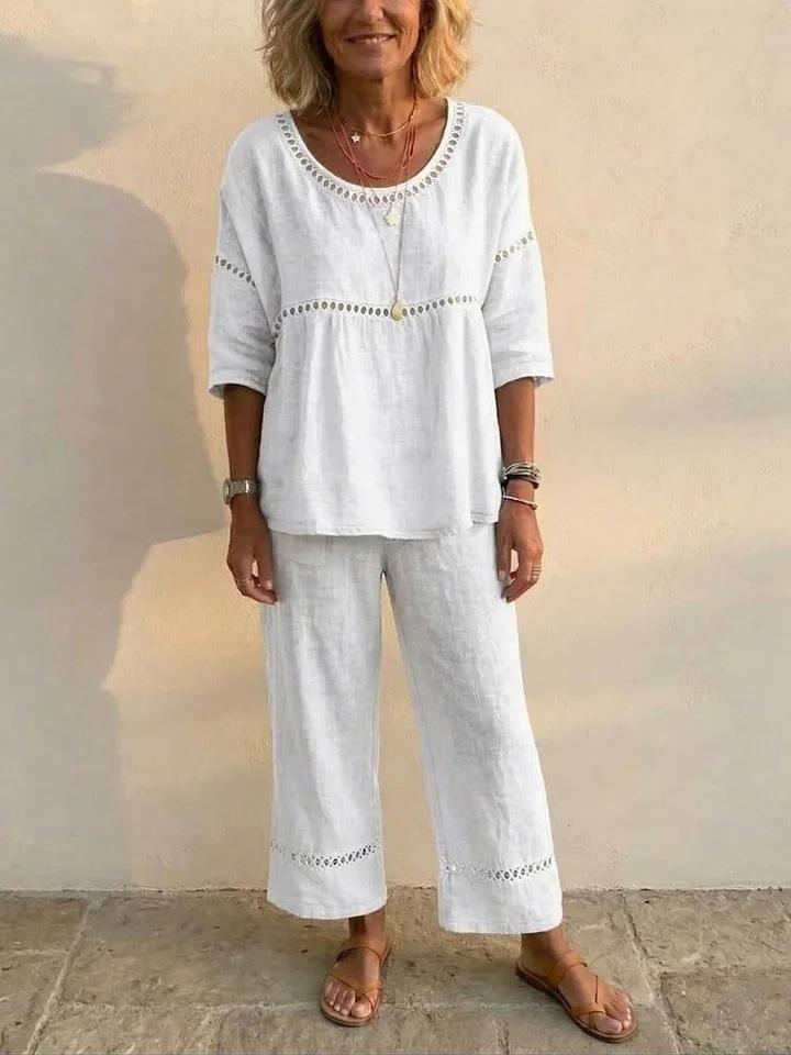 

European and American casual commuting comfortable loose round neck imitation hemp fabric women s suit XXXXL білий