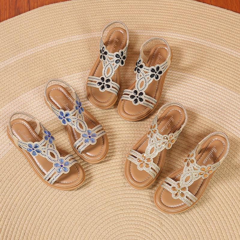 Fashion Women's Platform Sandals Summer Fashion Rhinestone Elastic Band Beach Shoes 2025 Casual Open Toe Flat Shoes Sandalias De Mujer