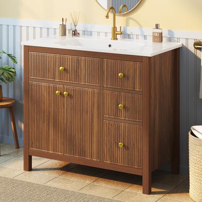 91 Cm Bathroom Cabinet with Ceramic Washbasin, Wave Pattern Texture, Soft-Close Hinges, Double Doors & Shelves, Drawers, Without Faucet, Walnut