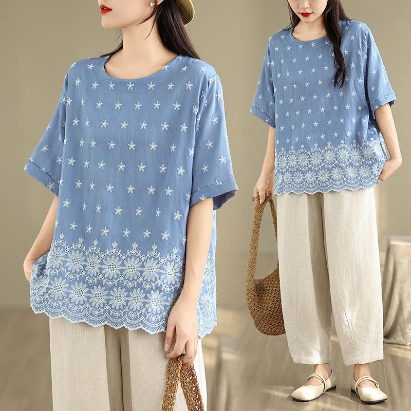 DIMANAF 2025 New Summer Women Plus Size T-Shirt Short Sleeve Loose Basic Casual Tops Floral T-Shirt Vintage