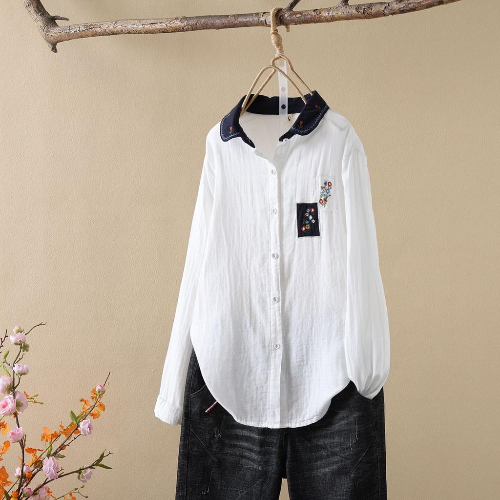 Spring Autumn Embroidered Shirt Cotton Doll Collar Vintage Artistic Versatile Top