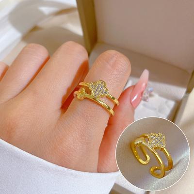Anello Aperto a Doppio Strato Placcato Oro Vero per Donna, Moda, Leggermente Intarsiato, Lusso Leggero, Anello per Dito Indice, Lo Stesso Vento Freddo