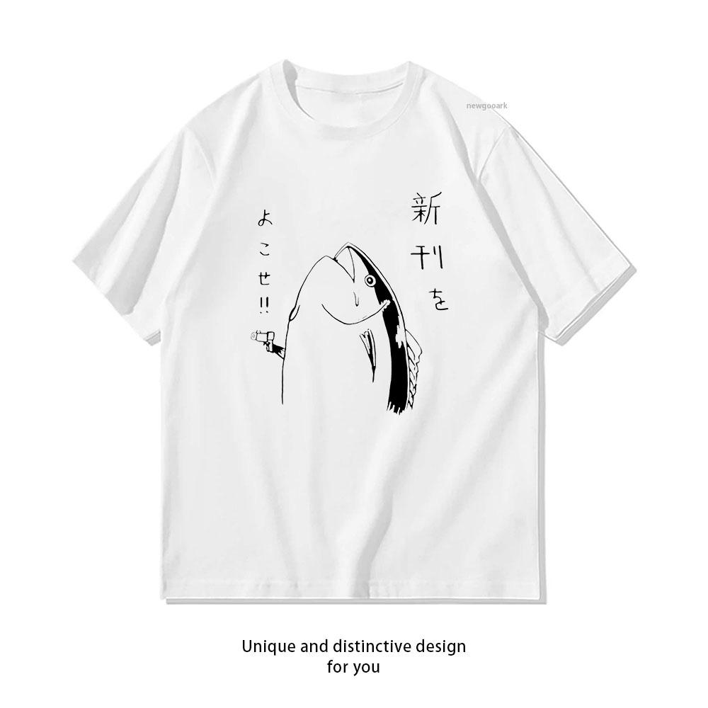 Japanese Fish Hold Up Tshirt Woman Man Summer Cotton Cartoon Graphic T Shirts Adult Classic Oneck Shortsleev Gift Tops Tee